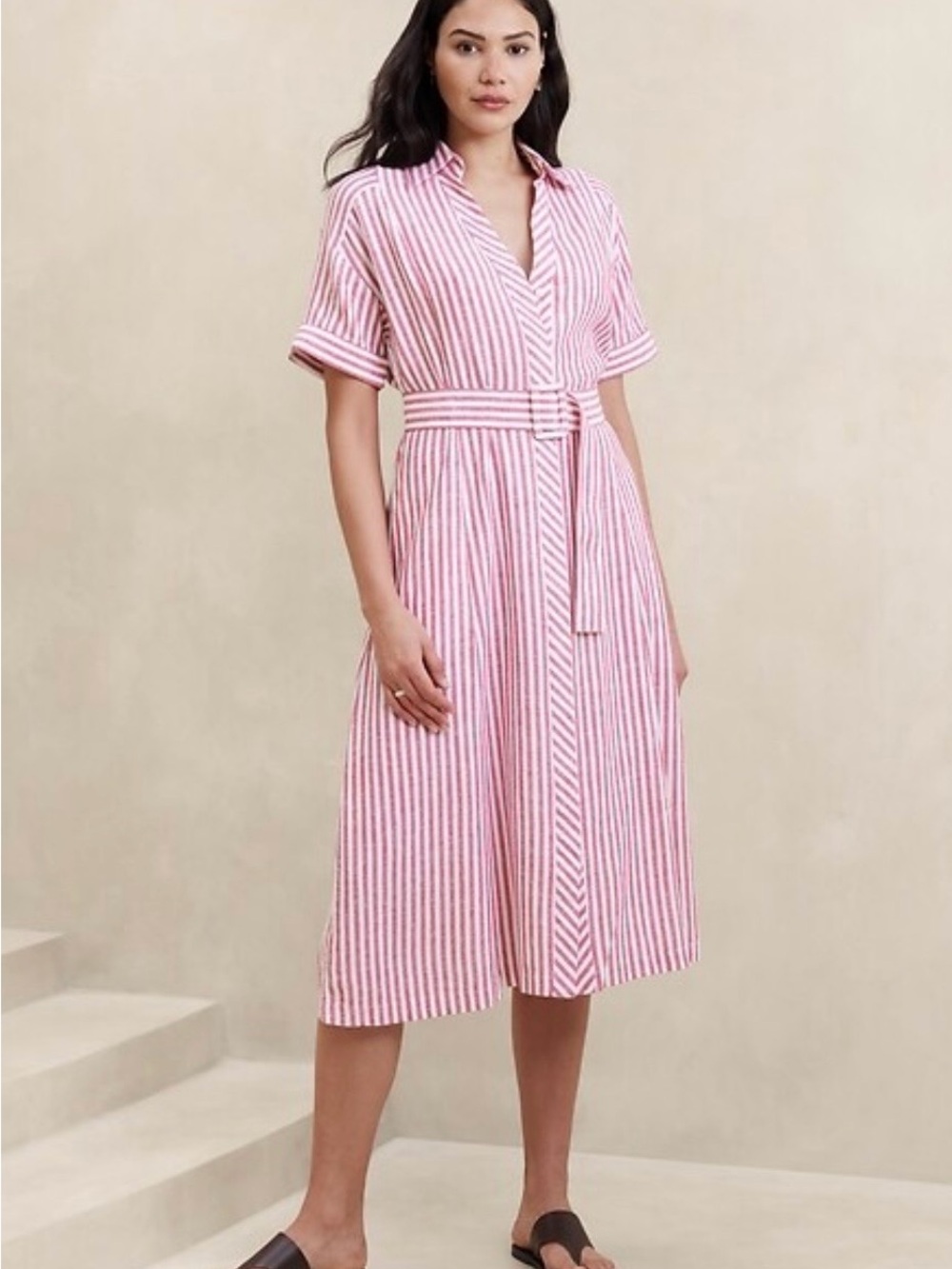 Banana Republic Pink and White Striped Midi Linen Blend Summer Shirt Dress Large